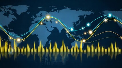 A global business network is displayed with financial data and charts overlaid on a world map, representing international trade - Powered by Adobe