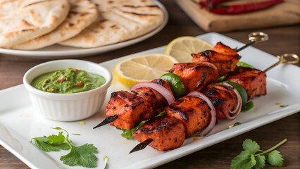 Grilled Chicken Tikka with Mint Chutney and Onions – Spicy Indian BBQ Dish