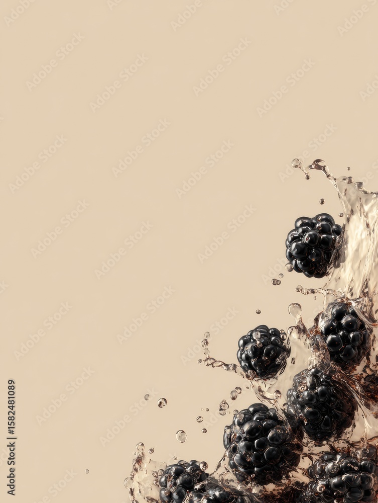 Poster realistic blackberry splash captured in time against a minimal beige background with empty space on 