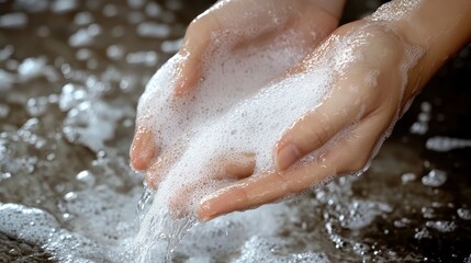 Fototapeta premium Hands Releasing Bubbles of Foam in Sparkling Water Close-Up