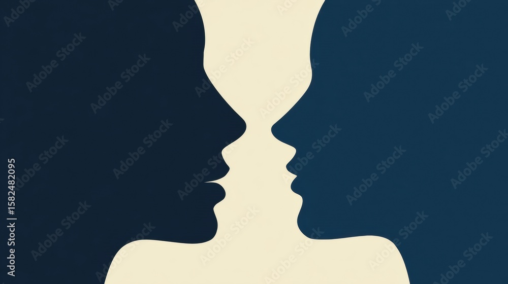 Poster minimalist dual tone face-to-face communication icons in a split composition with blank space on the