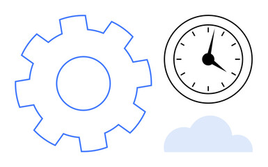 Large gear, analog clock, and light cloud evoke efficiency, productivity, time management, and digital innovation. Ideal for teamwork, operations, process cloud technology scheduling business