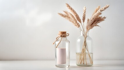 Dried grass in a glass bottle and vase on a shelf