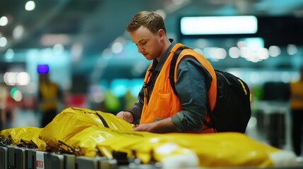 Airport baggage handler inspecting luggage with yellow bags in a busy terminal environment, showcasing behind-the-scenes operations and logistics
