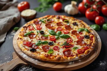 Freshly baked pepperoni pizza with cherry tomatoes and basil on a wooden board in a rustic kitchen setting