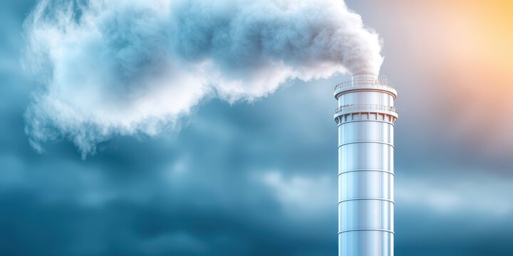 Engineer petrochemical refinery concept. Industrial smokestack emitting clouds against a blue sky backdrop.