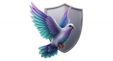Fototapeta premium Colorful dove flying against shield symbol