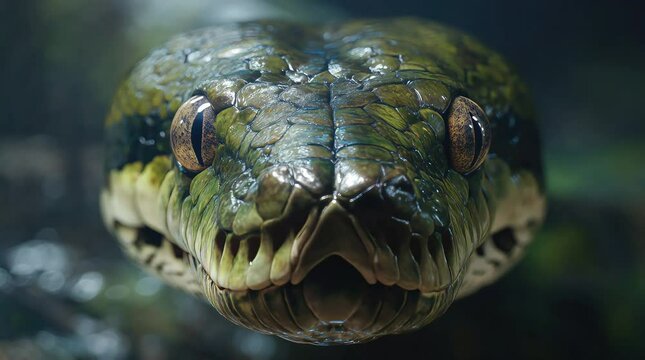 Intense Serpent Stare Close-up of a Green Anaconda