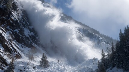 **Powerful avalanche cascading down a mountain with thick beautiful snow clouds swirling around, massive snow surge exploding over rocky cliffs and pine trees