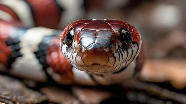 Detailed Portrait of a Colorful Milk Snake Facing the Camera