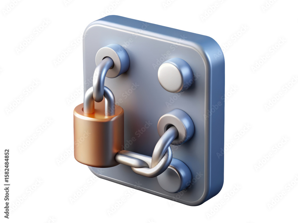 Poster a stylized 3d rendering of a lock securing a panel with chain links, security, data protection, and 
