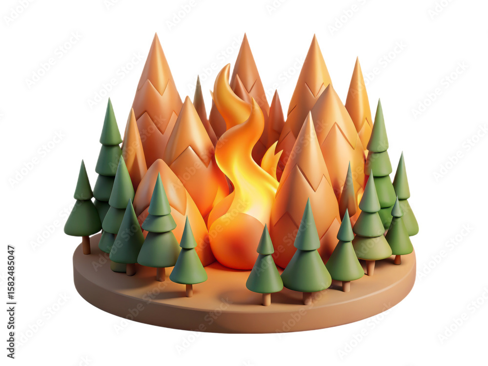 Poster a stylized campfire scene with stylized trees and mountains displayed in a high quality 3d rendering