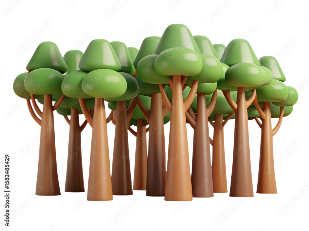 Poster a vibrant 3d rendering of a stylized forest in a plastic-style icon set against an isolated white ba