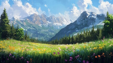 Fototapeta premium Scenic Mountain Landscape with Colorful Wildflowers under a Clear Blue Sky and Majestic Peaks Surrounded by Lush Green Forests