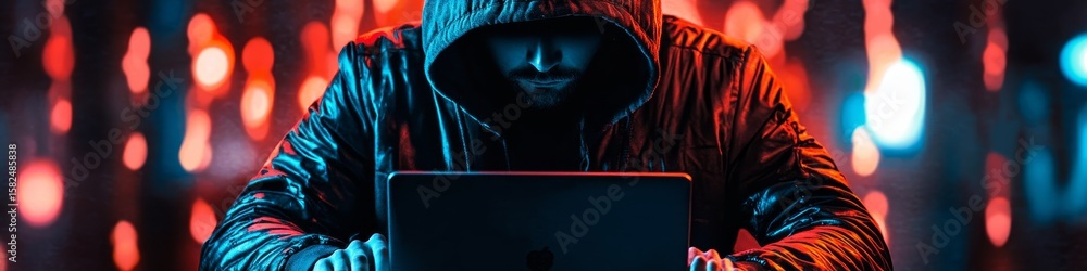 Poster cyberpunk hacker in hooded cloak coding at laptop in glowing futuristic cityscape at night