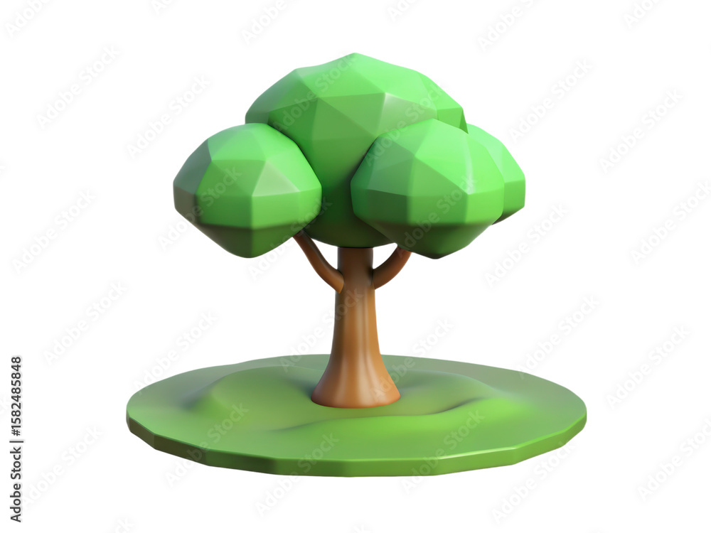 Poster a visually appealing 3d rendering of a stylized low-poly tree standing on a small patch of green ter