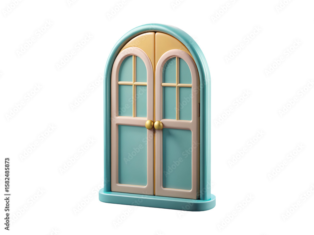 Fototapete a whimsical 3d rendering of a colorful double door featuring a plastic-style icon isolated on white 