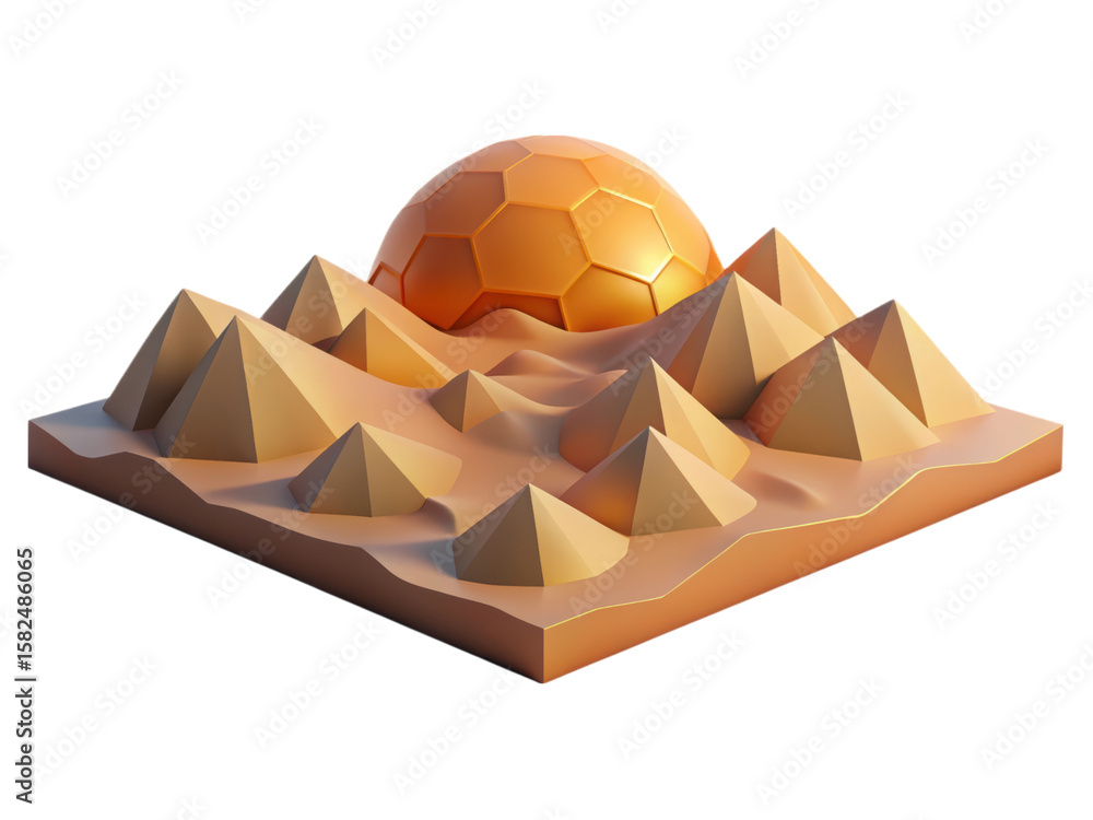 Poster abstract 3d rendering of egyptian pyramids and a hexagonal structure in a plastic style design
