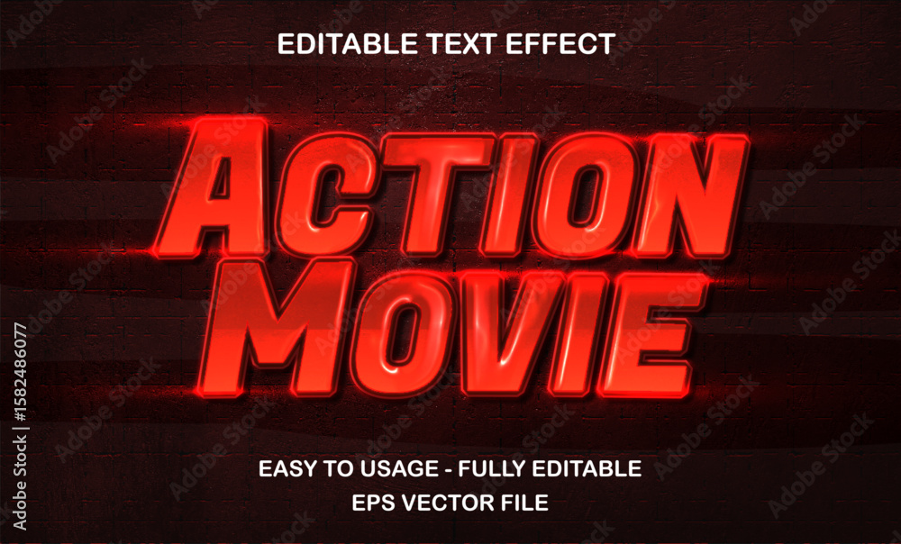 Poster action movie text, editable text effect template glossy style, 3d bold red neon shiny futuristic typ