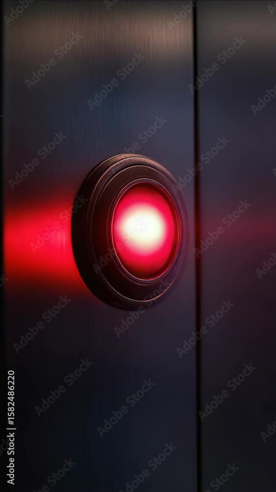 Poster a red button with a light on it. the button is on the wall