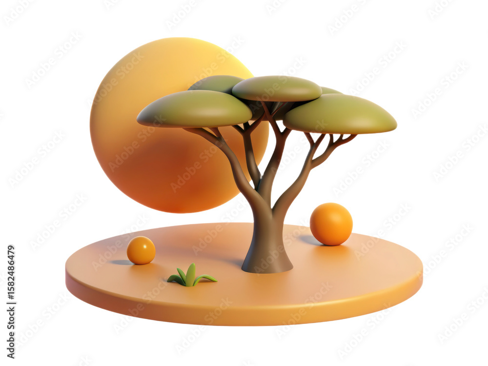 Poster artistic 3d rendering of a stylized tree with a warm colored background representing the natural env