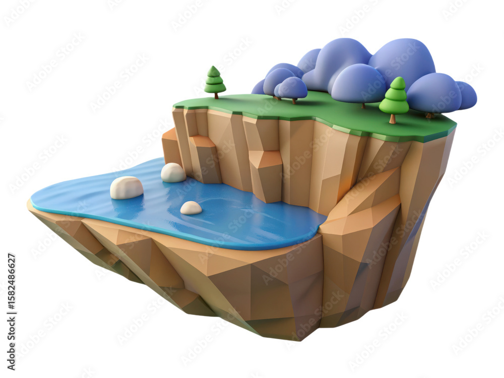 Aufkleber beautiful 3d rendering of a charming low poly island with water trees and clouds against a white bac