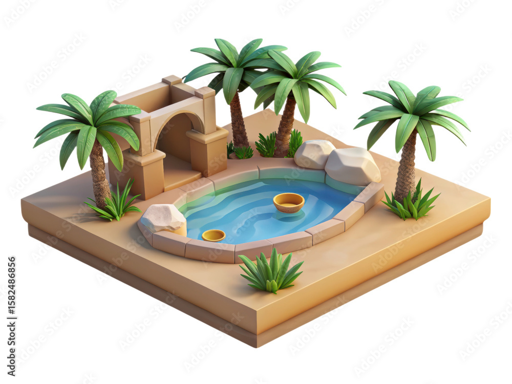 Poster charming 3d rendering illustration of a desert oasis scene with palm trees a pool and an archway iso