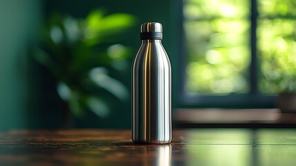 Simple insulated water bottle placed on table with focus on its design and practicality features