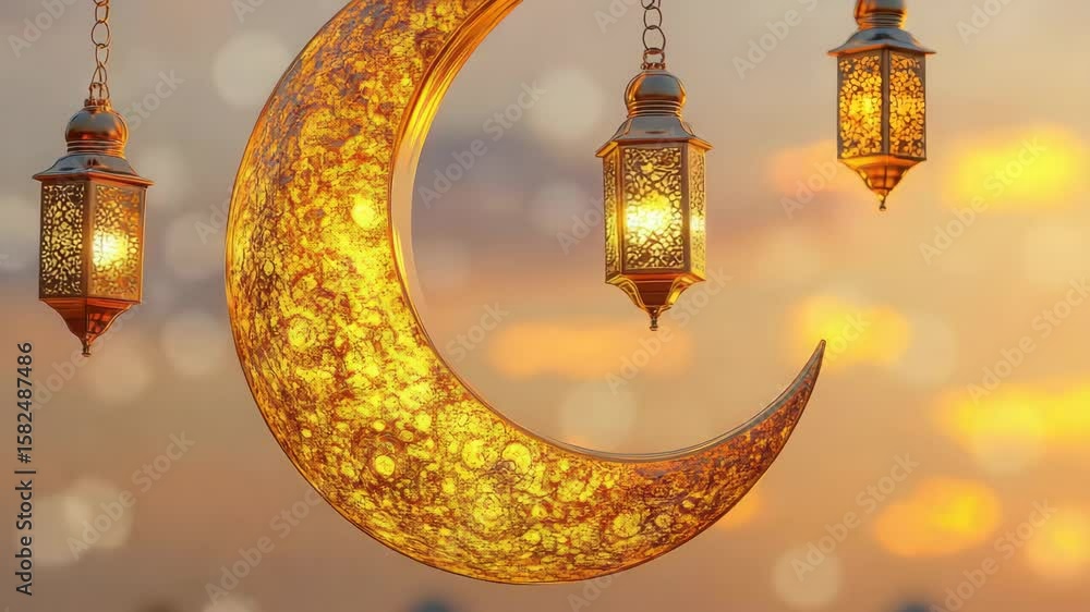Poster a beautiful gold-colored crescent moon is suspended in the air with three hanging lanterns. the lant