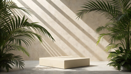Fototapeta premium A minimalist square podium is framed by tropical palm leaves and sunlit shadows, creating a modern and natural product display stage