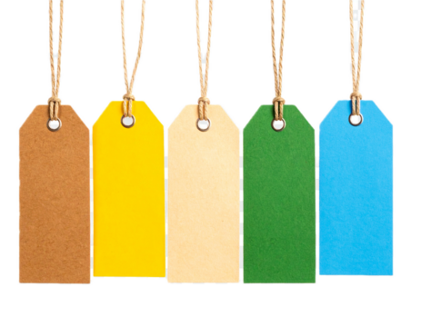 Colorful hanging offer tags isolated on transparent background