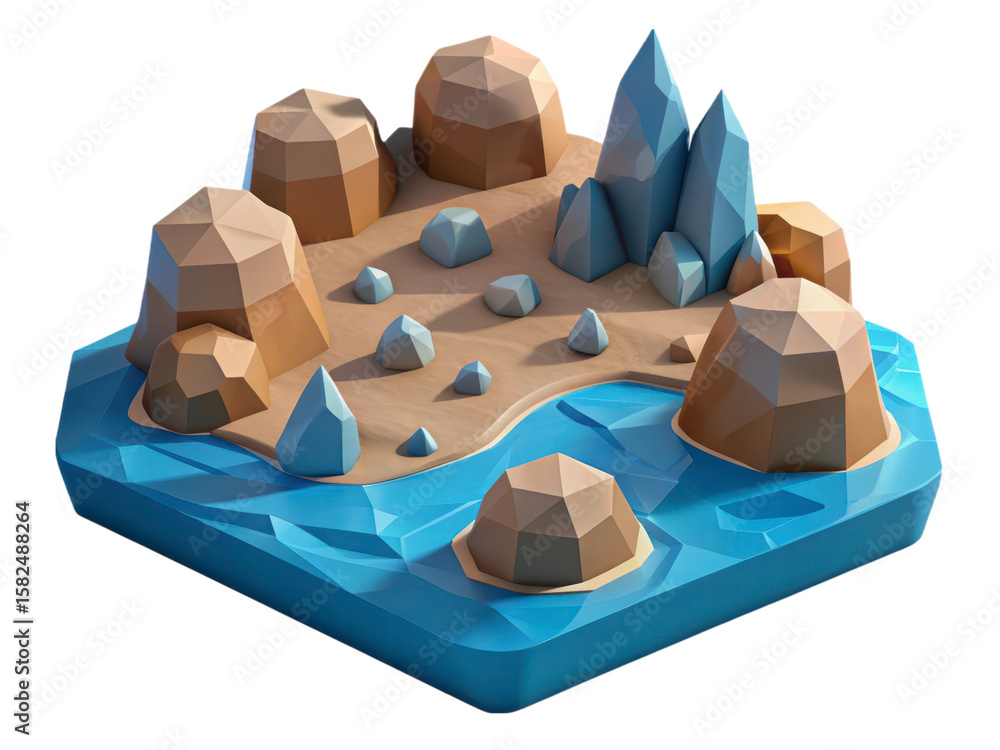 Poster isometric illustration of a minimalist island with water sand and rocks in a high quality 3d renderi