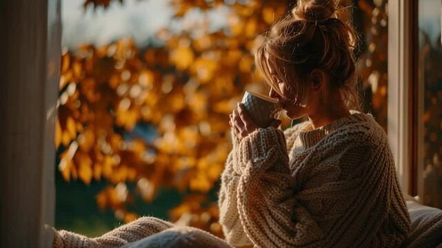 Woman drinking hot beverage and enjoying autumn foliage view