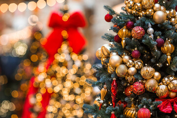 Holiday toys in red and gold colors on the New Year's tree. New Year's card 2026. Atmospheric...