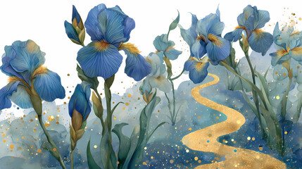 Watercolor Path Through a Field of Blue and Gold Wildflowers

