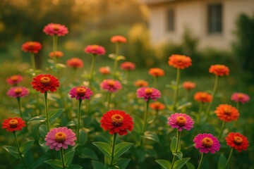 Fototapeta premium Morning scene of Zinnia flowers blooming in a backyard garden