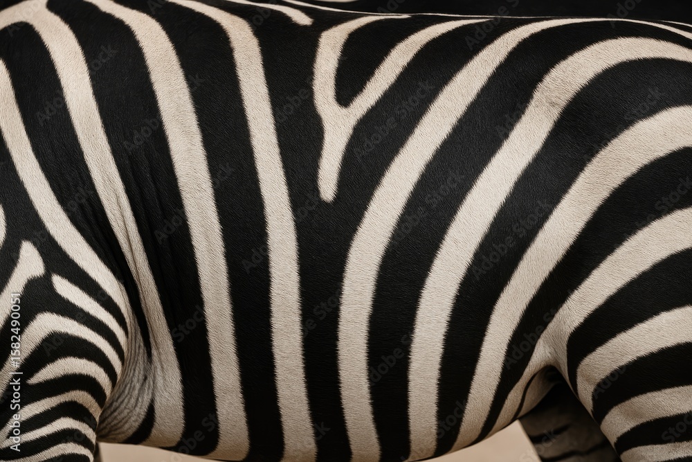 Poster striped zebra pattern with monochrome background captured on a real zebra's back skin