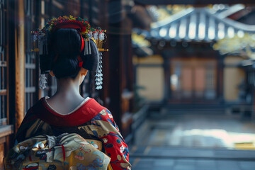Obraz premium Traditional Geisha Walking Through Historic Asian Village in Ornate Kimono, Generative AI