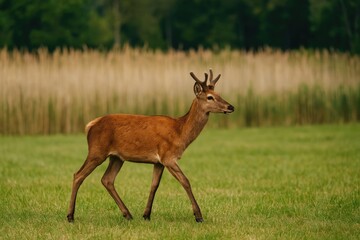 Juvenile red stag with tiny antlers roaming through a grassy meadow near a reed marsh