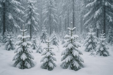 Fototapeta premium Young conifers amidst a snowy woodland during winter.
