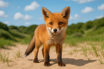Fototapeta premium Juvenile Red Fox Resting on Sandy Terrain in a Protected Area