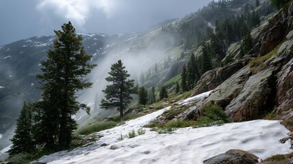 **Snow on mountain with greenery themes like trees, isolated snow patches resting on green tree branches and rocky outcroppings