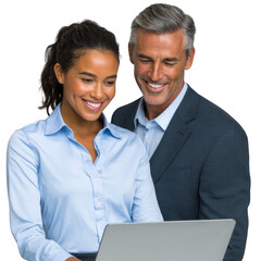 Diverse business professionals collaborating on a laptop project together isolated on transparent background