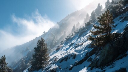 **Snow on mountain with greenery themes like trees, expansive view of pine-covered mountain slope with streaks of snow between trees