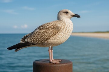 Obraz premium Juvenile herring gull perched on a post