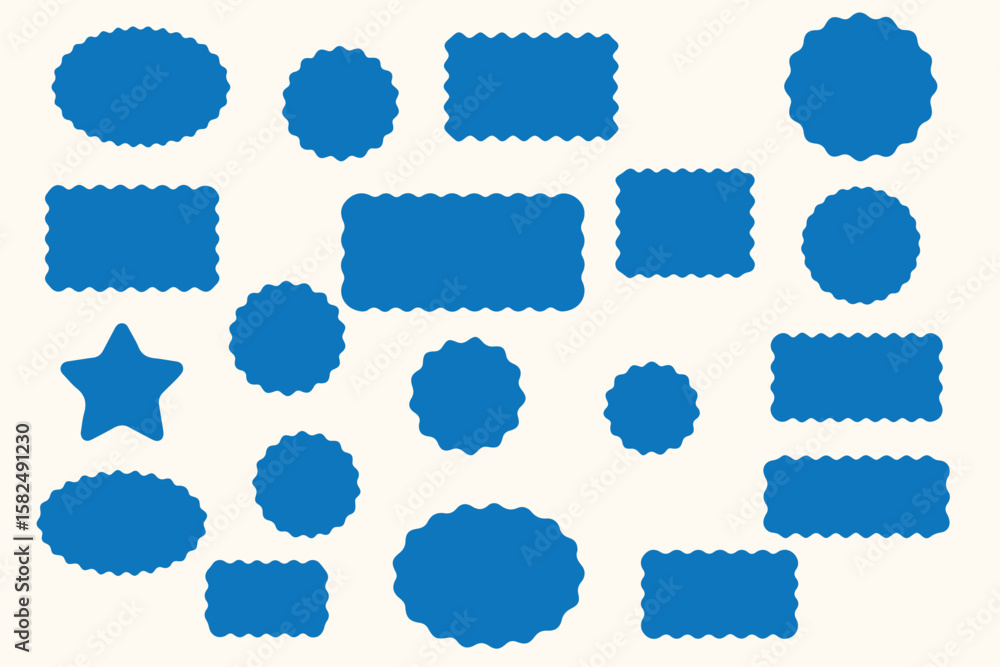 Poster wavy circular, oval and rectangular shape elements set vector illustration. scallop squiggly borders