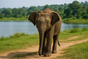 Obraz premium Juvenile elephant wandering in a protected wildlife reserve in South Asia.