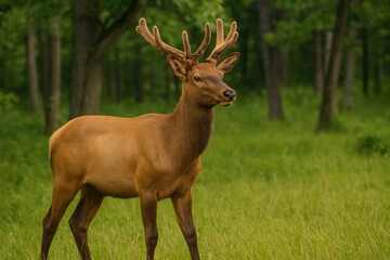 Juvenile elk showcasing fresh antlers in their natural environment