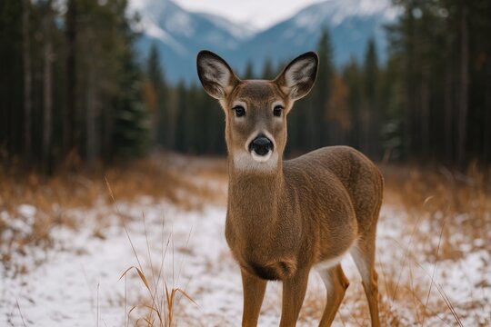 Young female white-tailed deer amidst winter woodland