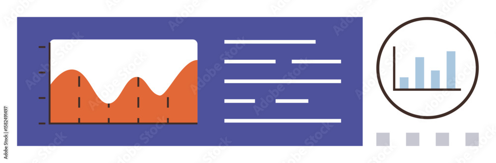 Poster line graph with peaks and troughs, bar chart in magnifying circle, text lines. ideal for analytics, 